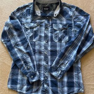 Red Snap Men's Casual Navy Plaid Button-Down Shirt